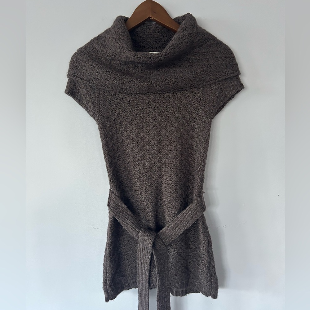Kaisely Cozy Belted Brown Cowl Neck Tunic Sweater, Preloved, Side Medium